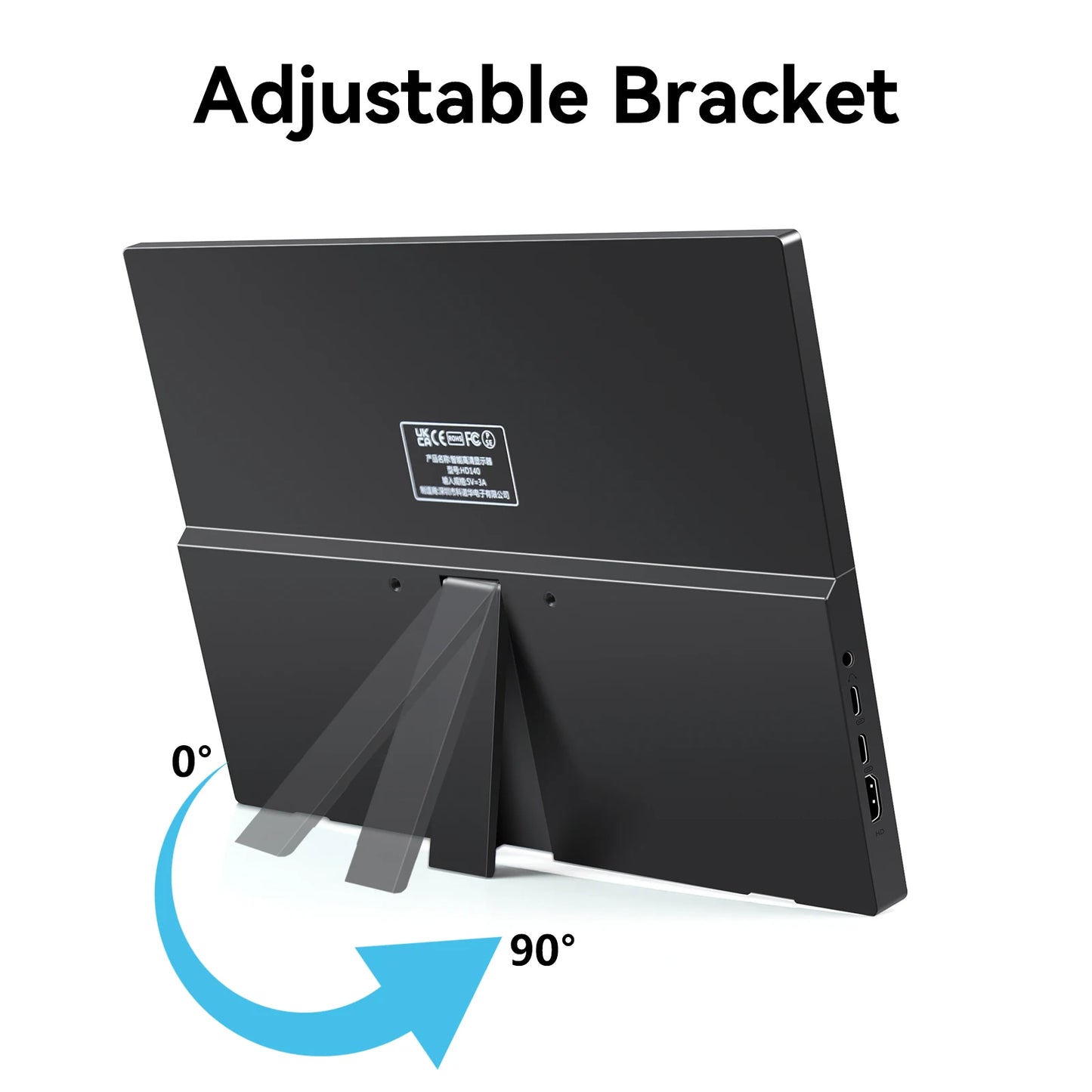 Back view of a black monitor with an adjustable bracket, showing a rotation range from 0° to 90°. Text above reads "Adjustable Bracket."