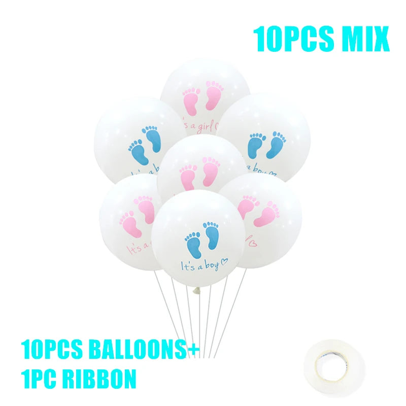 White balloons with pink "It's a girl" and blue "It's a boy" footprints. Includes 10 balloons and one ribbon, suitable for gender reveal parties.