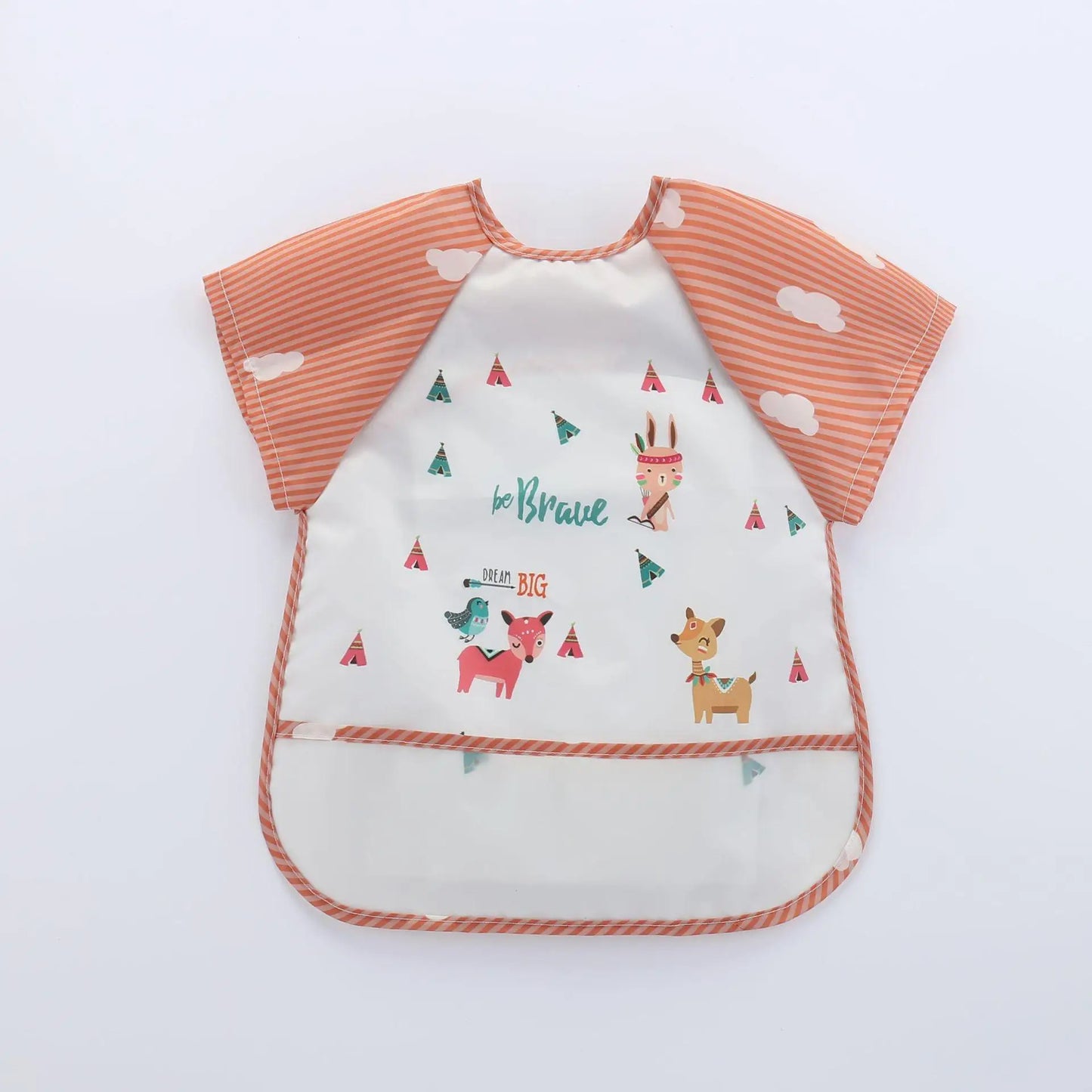 Baby bib with orange-striped sleeves and playful animal illustrations on a white background. Text includes "be Brave" and "DREAM BIG", surrounded by small, colorful trees.