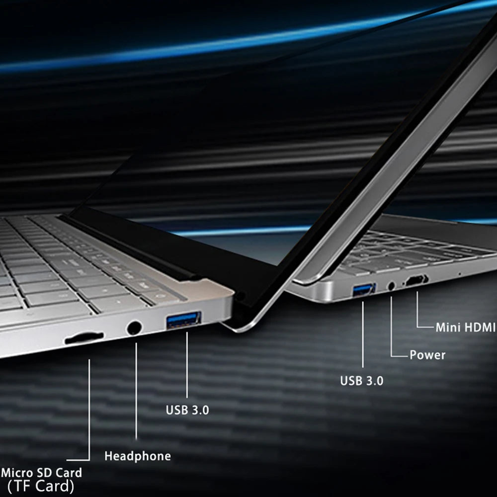 Close-up of two laptops partially open, showing ports: micro SD, headphone, USB 3.0, mini HDMI, and power. A sleek, dark background highlights the devices.