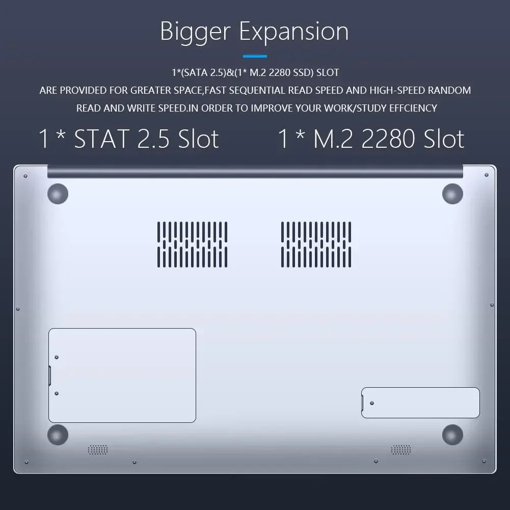 Laptop base showing one SATA 2.5 slot and one M.2 2280 slot for SSD expansion, offering increased space and speed for improved work and study efficiency.