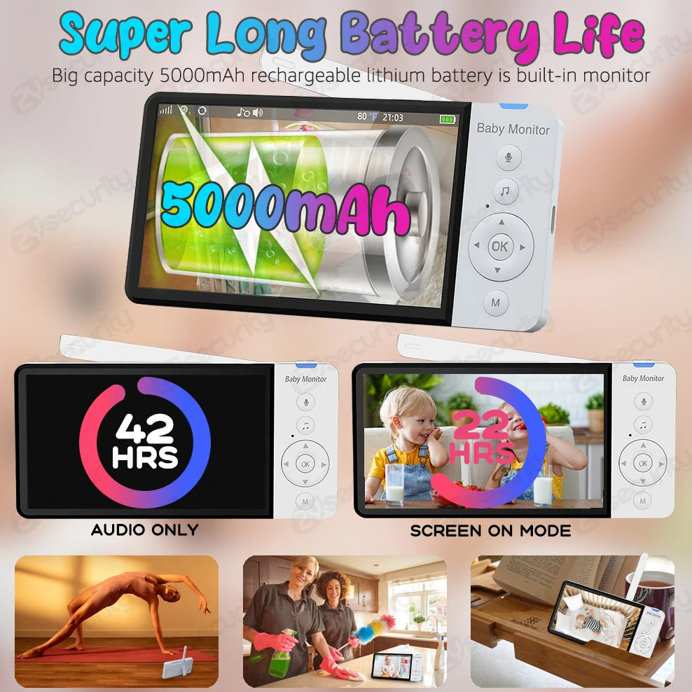 Baby monitor with 5000mAh battery. Displays 42 hours of audio-only and 22 hours of screen-on usage. Features images of kids, people cleaning, and a monitor showing a child sleeping.