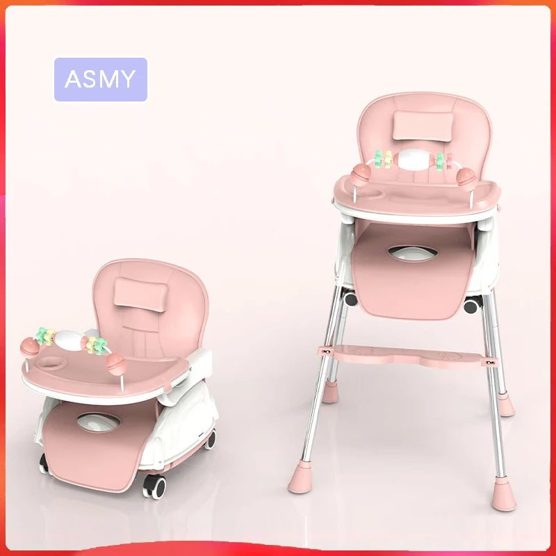 Two pink baby highchairs: one low, portable with wheels and a tray, the other taller with a similar tray and footrest. Both feature a plush seat and toy bar.