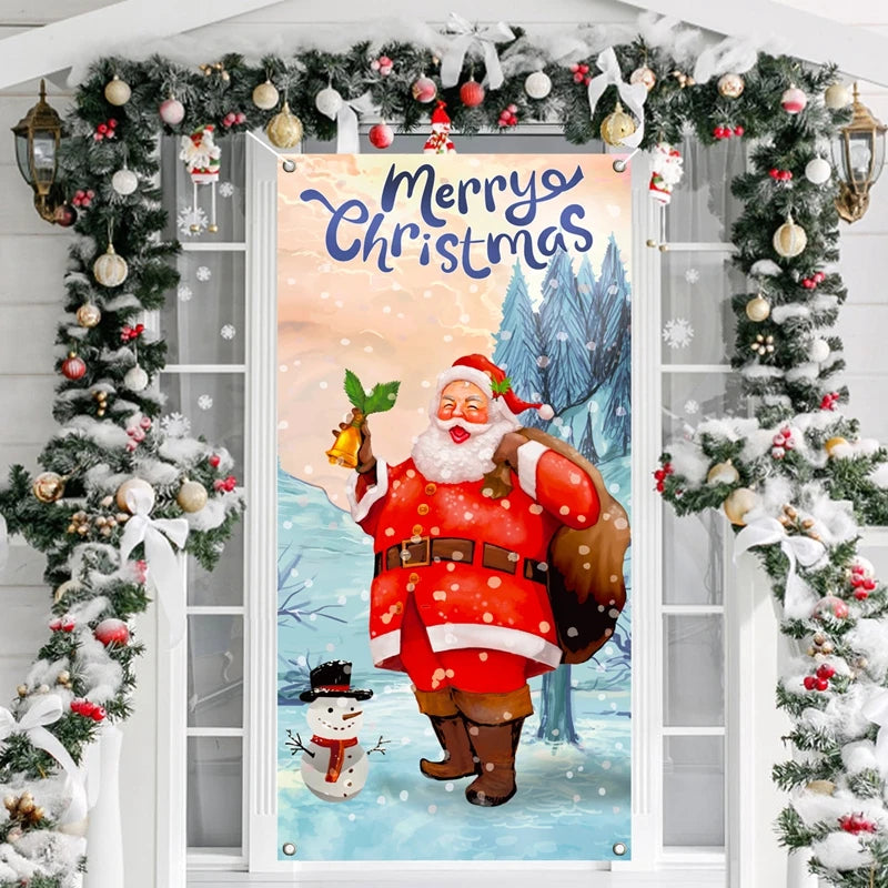 Festive Christmas banner on a porch shows Santa holding a bell, with "Merry Christmas" text, snowy backdrop, a cheerful snowman, and decorated garlands framing the scene.