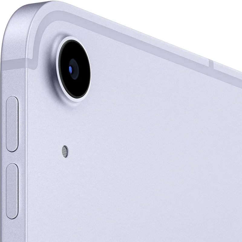 Close-up of a sleek metallic device corner showing an integrated rear camera, microphone, and two side buttons on a light purple surface.