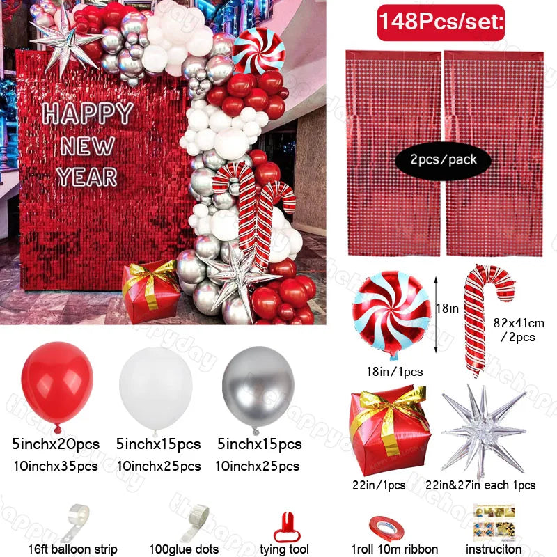 New Year party decoration set with 148 pieces. Includes red sequined backdrop, balloons, candy cane, star, peppermint foil, gift box, ribbon, balloon strip, and glue dots.