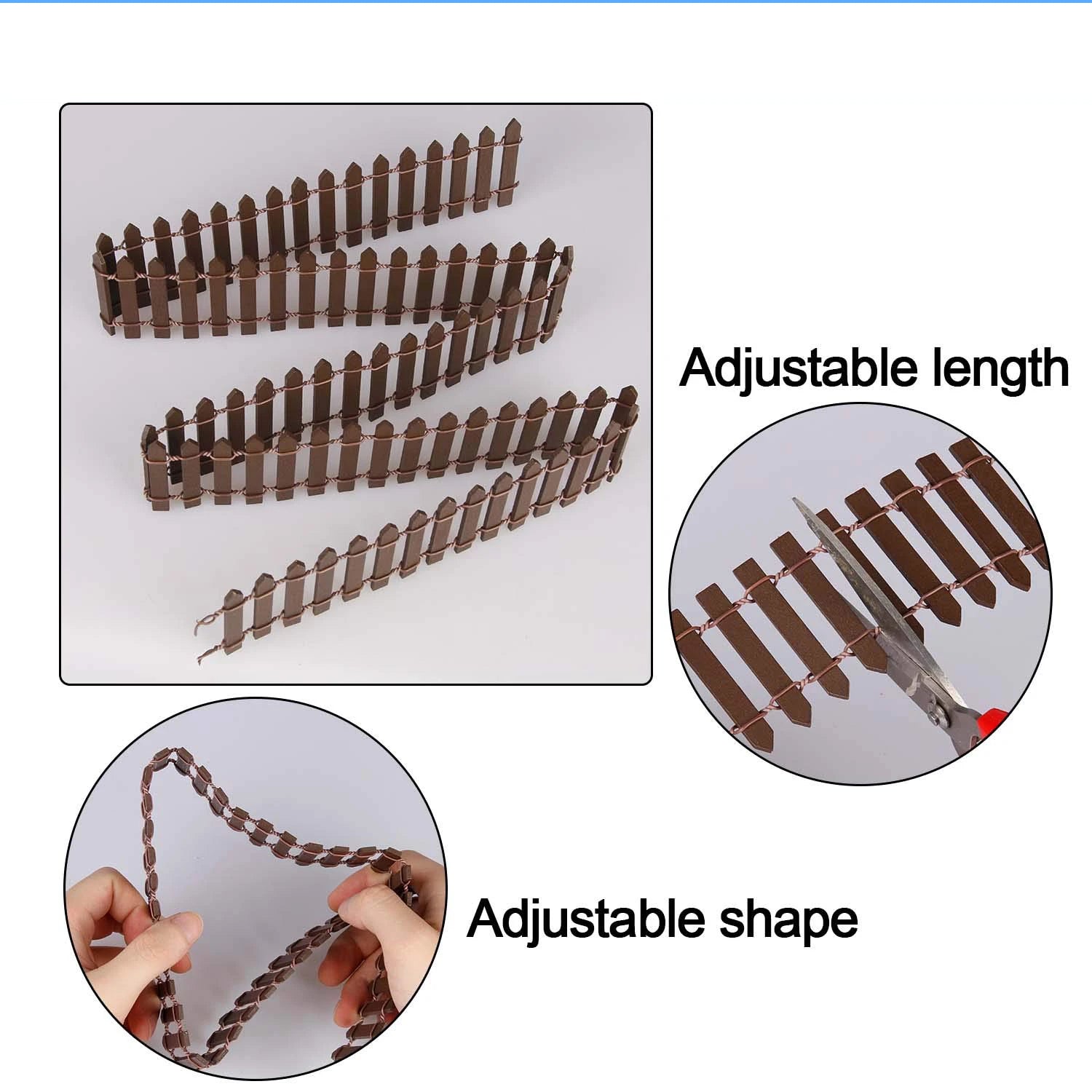 Brown plastic picket fence pieces are shown, highlighting features like adjustable length and shape. Scissors cut the fence in a circle to adjust the length, and hands bend it to change shape.