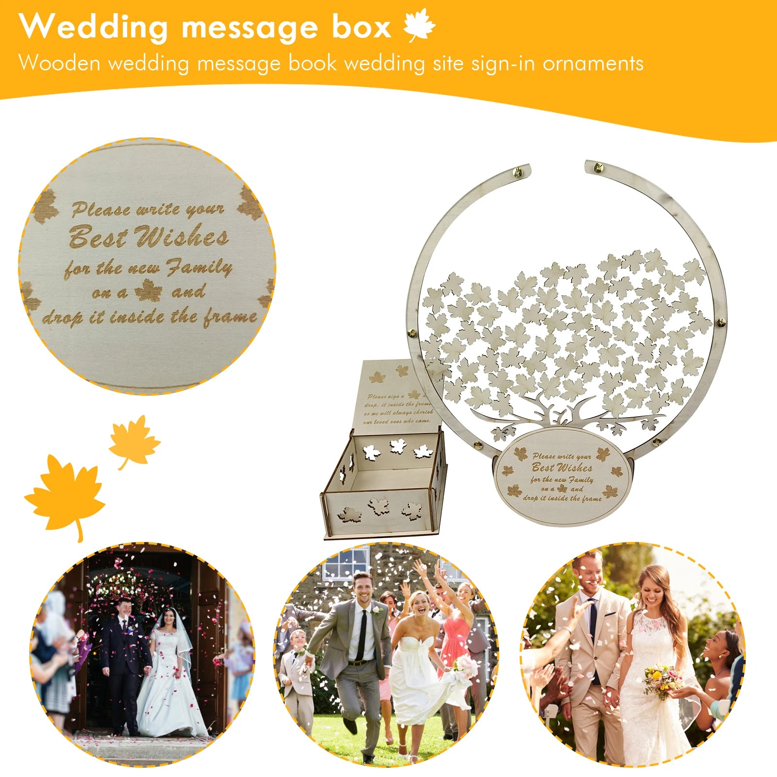 Wedding message box set with wooden leaves for best wishes. Includes a round frame, small box, and wedding celebration images with confetti and a joyful couple.