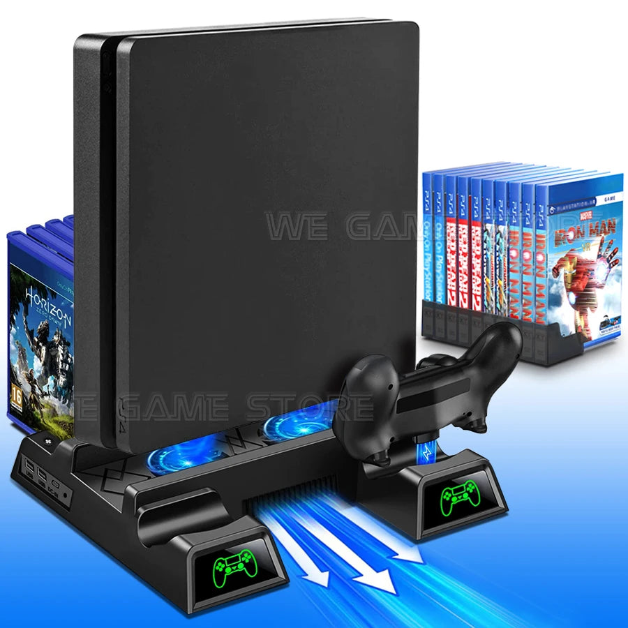 Gaming console on a stand with cooling fans, two controllers charging, and two rows of game cases upright beside it. Blue arrows indicate airflow beneath the console.