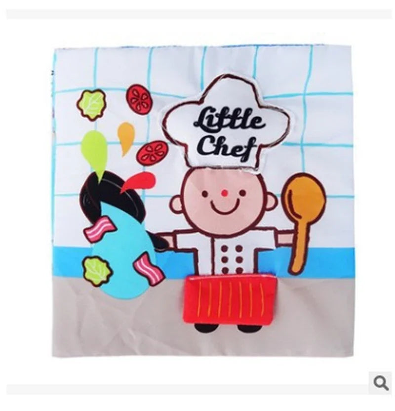 Smiling cartoon chef with utensils and food, wearing a hat labeled "Little Chef," on a tiled background. Bright colors depict vegetables and kitchen elements.