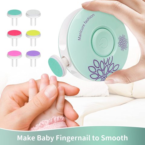 A hand holds a baby nail trimmer with multiple colorful file pads shown beside it. An adult gently trims a baby's nails. Text below reads, "Make Baby Fingernail to Smooth."