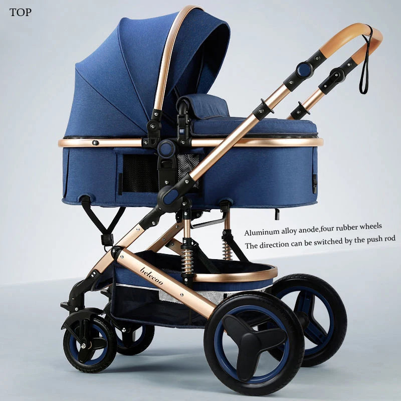 A stylish blue baby stroller with an aluminum frame and four rubber wheels. The adjustable push rod allows direction change. Features a large canopy and storage basket below.