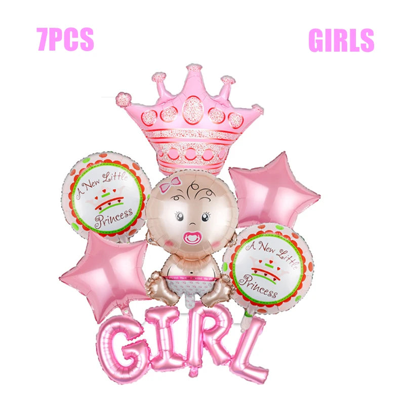 Set of seven pink-themed balloons for a baby girl, featuring a crown, stars, round balloons with "A New Little Princess," and a baby with "GIRL" in large letters.