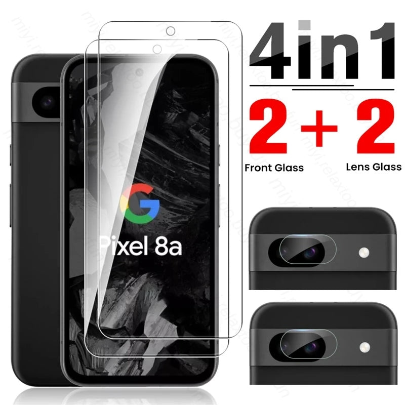 4-in-1 screen and lens glass protector for Pixel 8a. Includes two front and two lens protectors. Image shows phone with screen and camera close-ups, highlighting protection features.