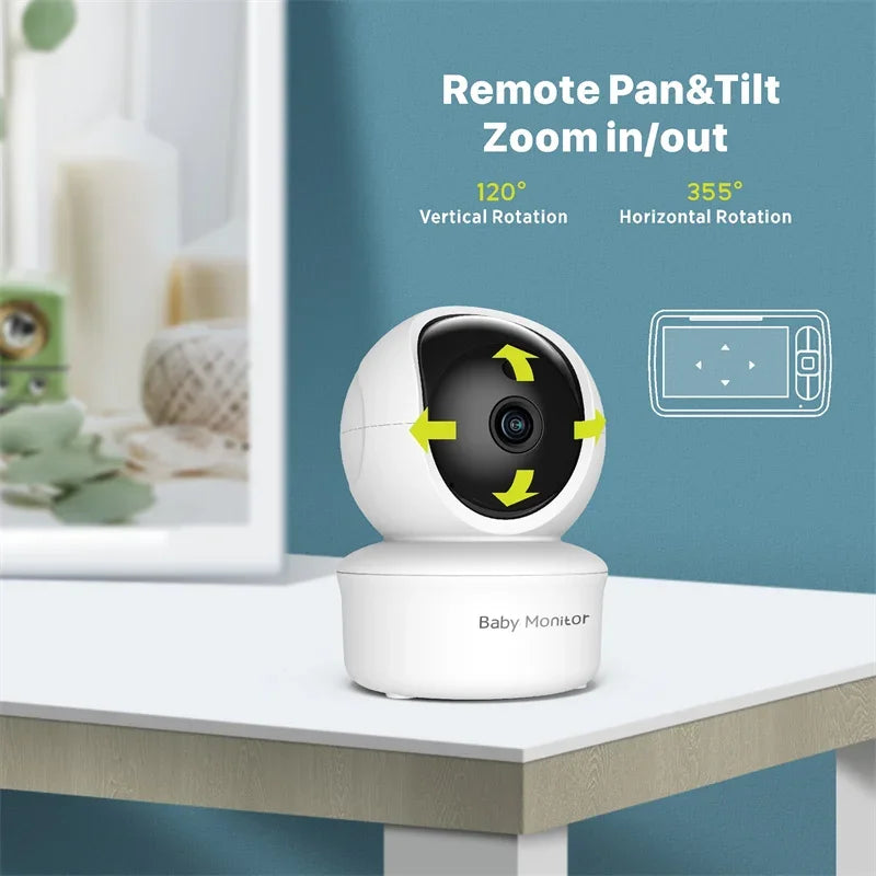 White baby monitor camera on a table, featuring 120° vertical and 355° horizontal rotation. Text highlights remote pan, tilt, and zoom functionalities.