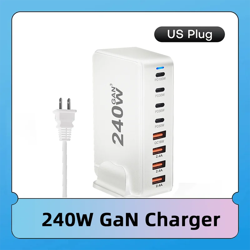 Compact white 240W GaN charger with multiple ports, including PD100W, PD30W, QC18W, and 2.4A. Comes with a US plug, highlighted against a blue background.