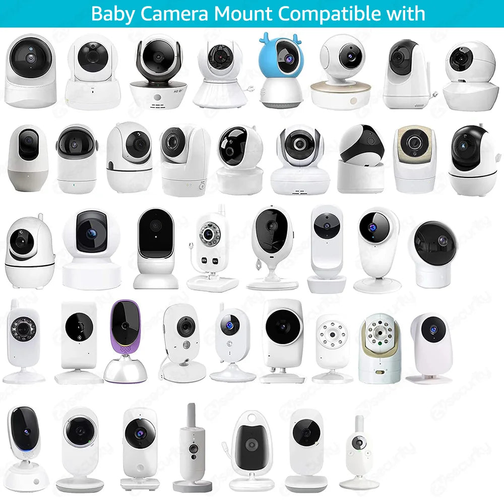 A collage of various baby cameras in different shapes and styles. The image title indicates these cameras are compatible with a specific mount. The background is white.