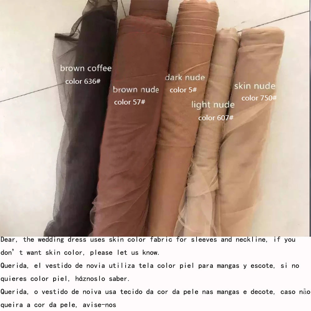 Five fabric rolls in varying shades labeled as brown coffee, brown nude, dark nude, light nude, and skin nude. Note suggests notifying if skin color fabric is undesirable.