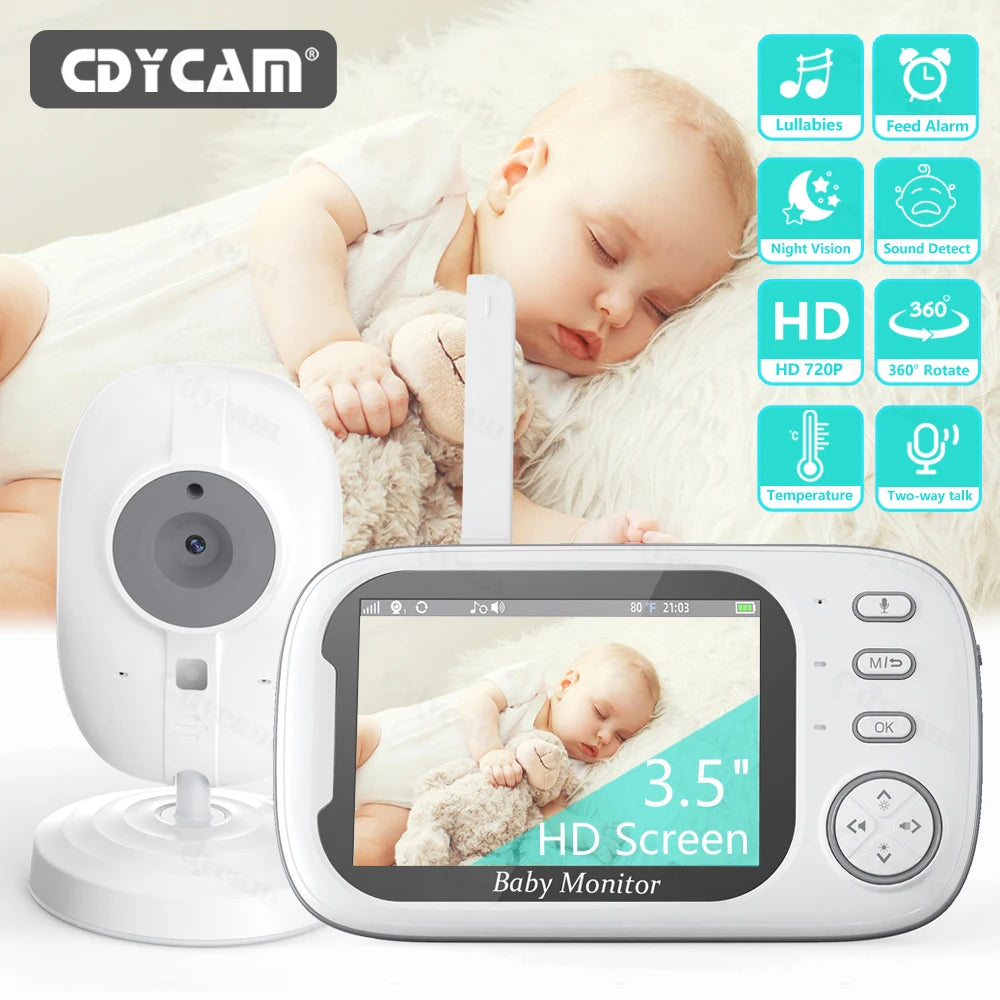Baby monitor with camera and display, featuring a sleeping baby. Icons denote features: lullabies, feed alarm, night vision, sound detection, HD 720p, 360° rotation, temperature, and two-way talk.
