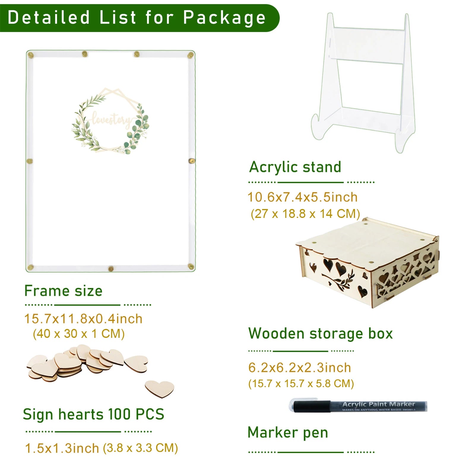 Package includes a 15.7x11.8 inch frame, 10.6x7.4 inch acrylic stand, 100 heart-shaped signs, a 6.2x6.2 inch wooden box, and a marker pen.