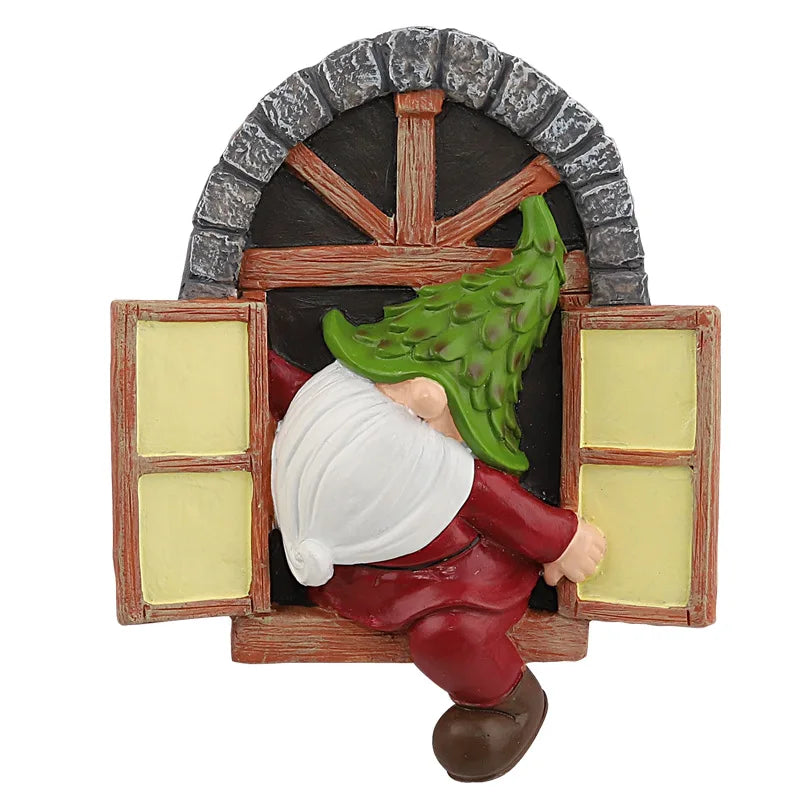 A whimsical gnome with a green pinecone hat climbs through an open arched window with a stone frame. The gnome wears a red outfit and brown shoes, showcasing playful mischief.