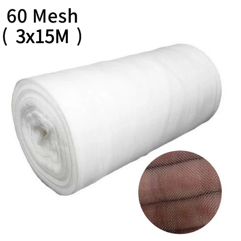 White roll of 60 mesh fabric measuring 3x15 meters. A close-up shows the fine mesh detail against a person's fingers, highlighting its texture and density.