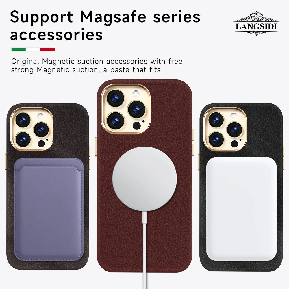 Three iPhones with MagSafe cases and accessories: a dark case with a blue wallet, a brown case with a charging pad attached, and a black case with a white accessory.