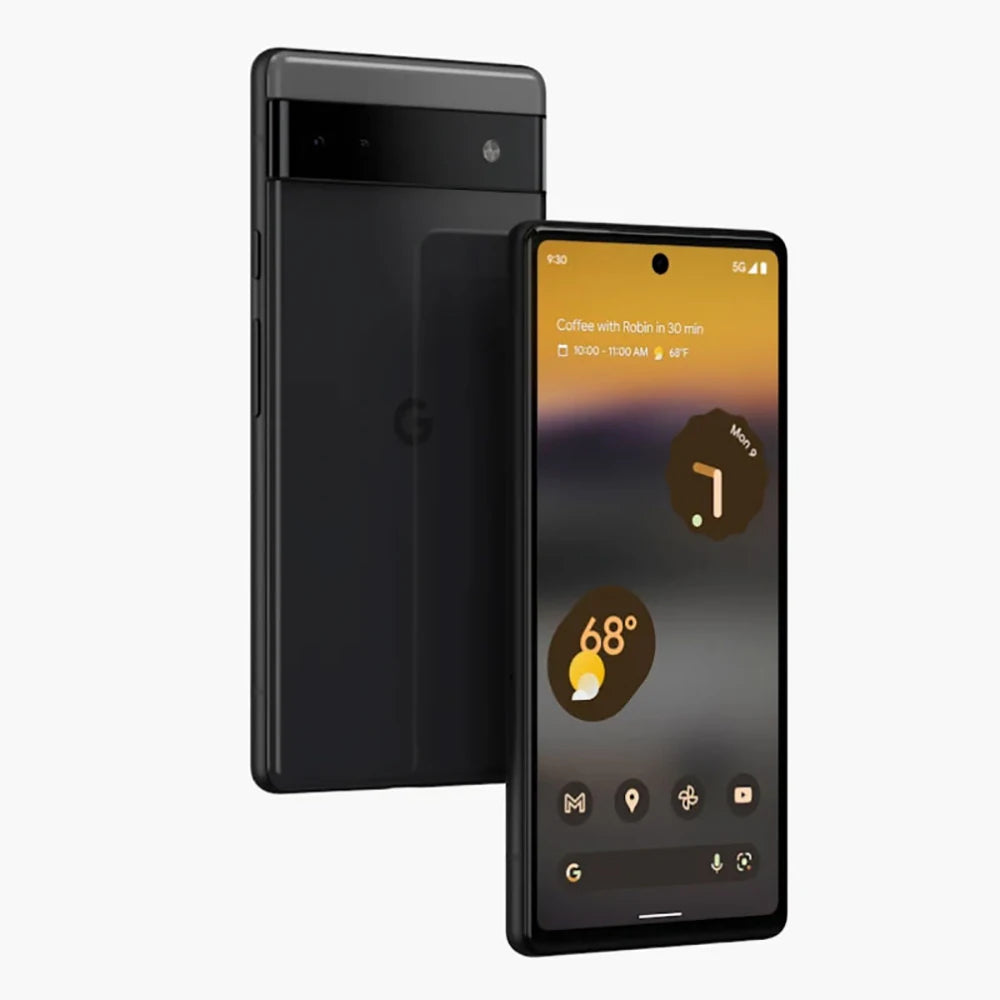 Two sleek, black smartphones with rounded corners. One phone displays a home screen with widgets showing weather, time, and events. The other phone shows the back camera and logo.