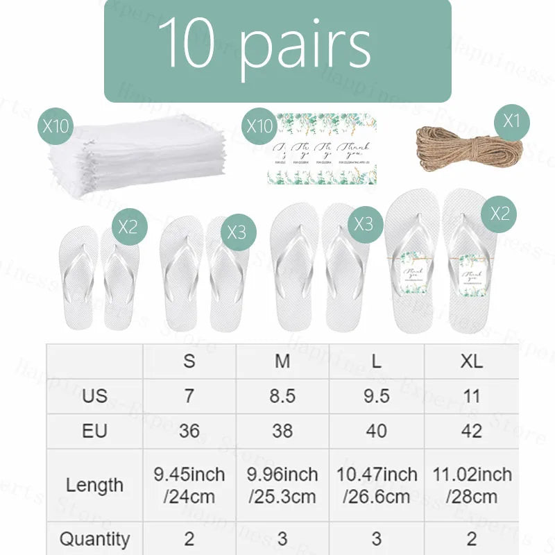 Set of 10 white flip-flops in various sizes with thank you tags, string, and bags. Sizes range from US 7 to 11. Includes EU size conversion and length details in inches and cm.