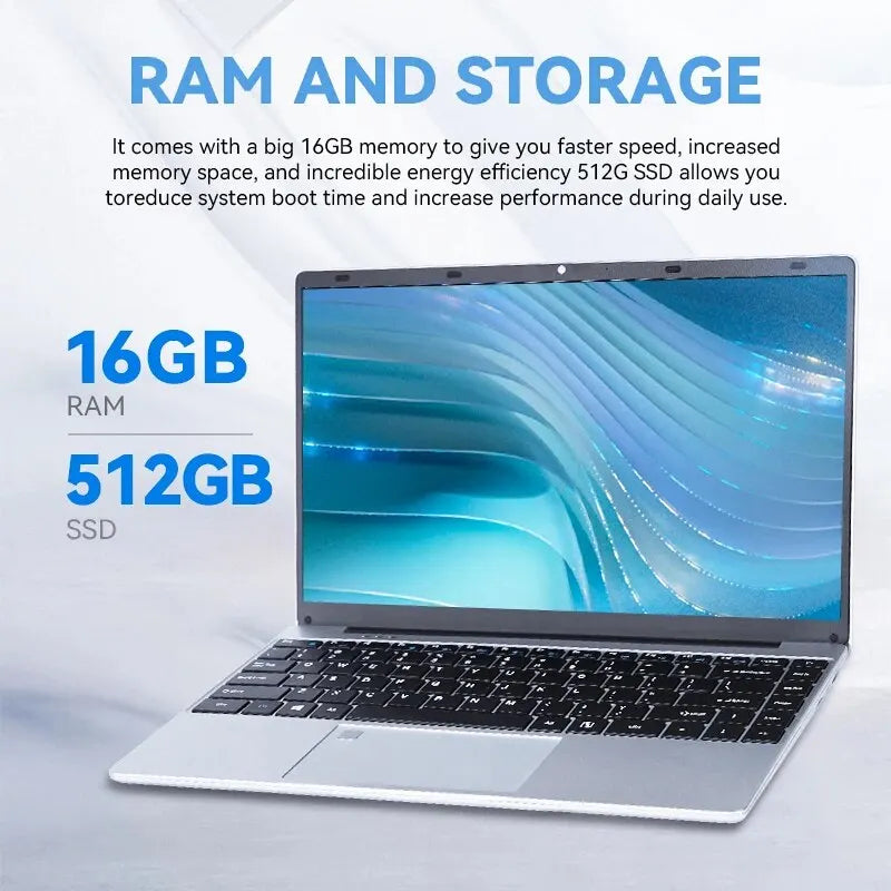 Laptop with a sleek design on a light surface. Features include 16GB RAM and 512GB SSD. Text highlights fast speed, increased memory, and energy efficiency.