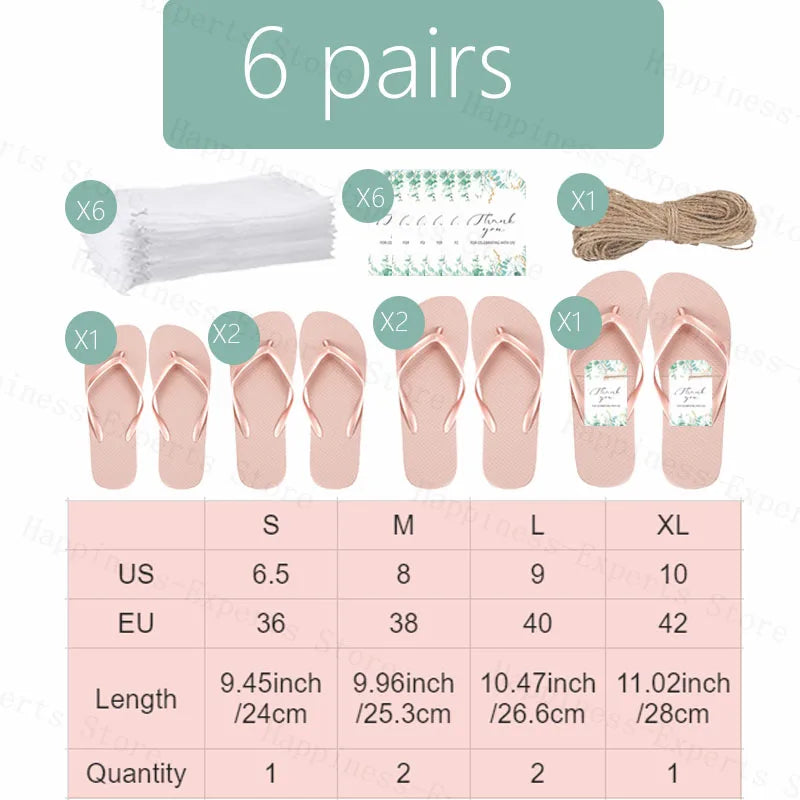 Set of six pink flip-flops in various sizes (S, M, L, XL) with thank you cards, tissue paper, and rope. Includes size chart showing US and EU sizes and lengths.