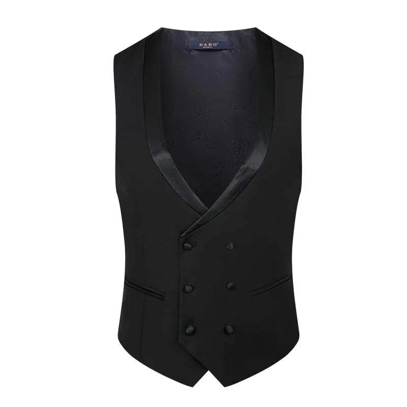 A double-breasted black waistcoat with a satin shawl collar, featuring a sleek design with two front pockets and matching black buttons.