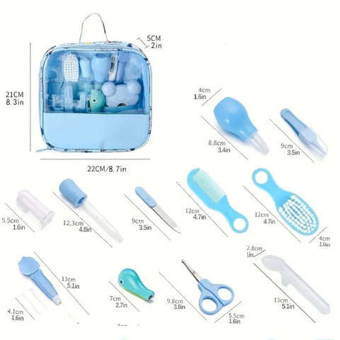 Baby grooming kit with blue accessories, including nail scissors, brush, comb, thermometer, and nasal aspirator. Items are displayed with measurements next to a blue pouch.
