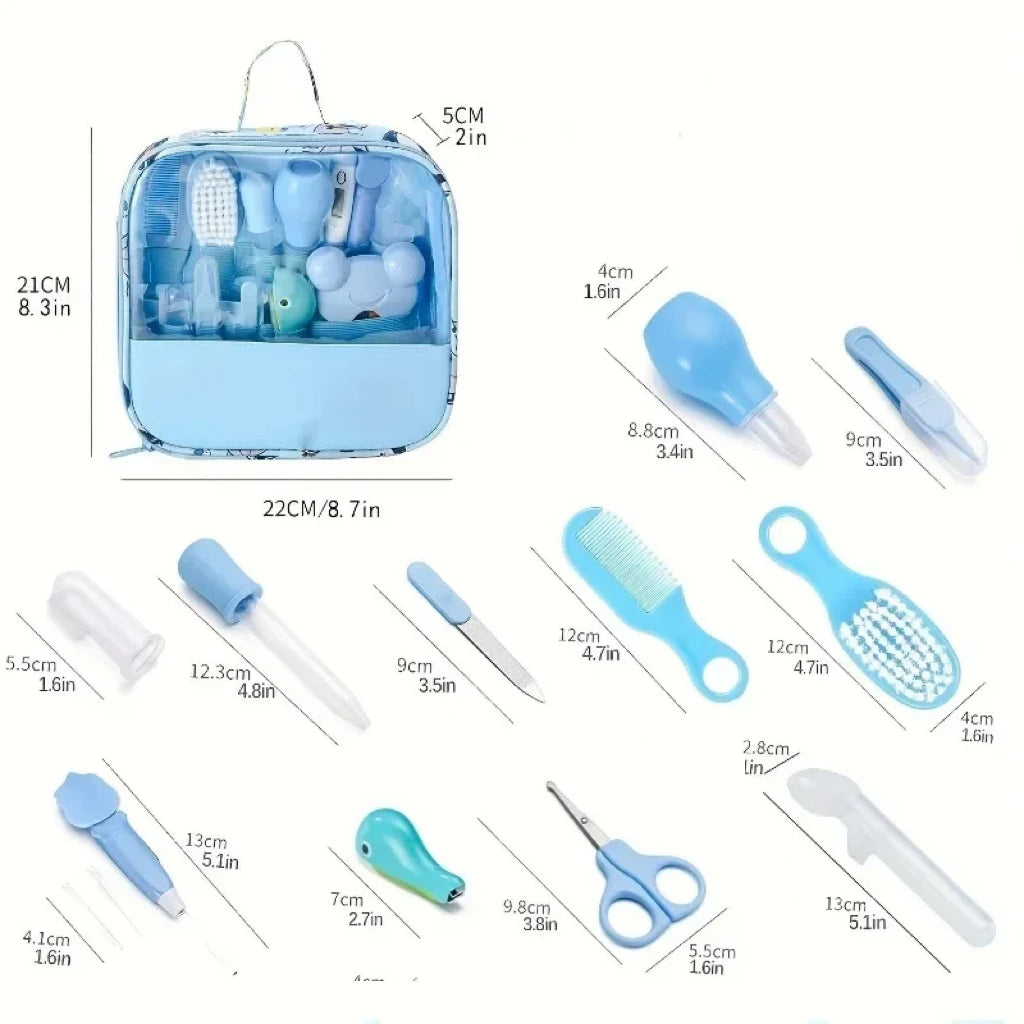 Blue baby grooming kit includes a brush, comb, nasal aspirator, nail clippers, scissors, and other tools, neatly arranged by size with a storage bag measuring 22x21x5 cm.