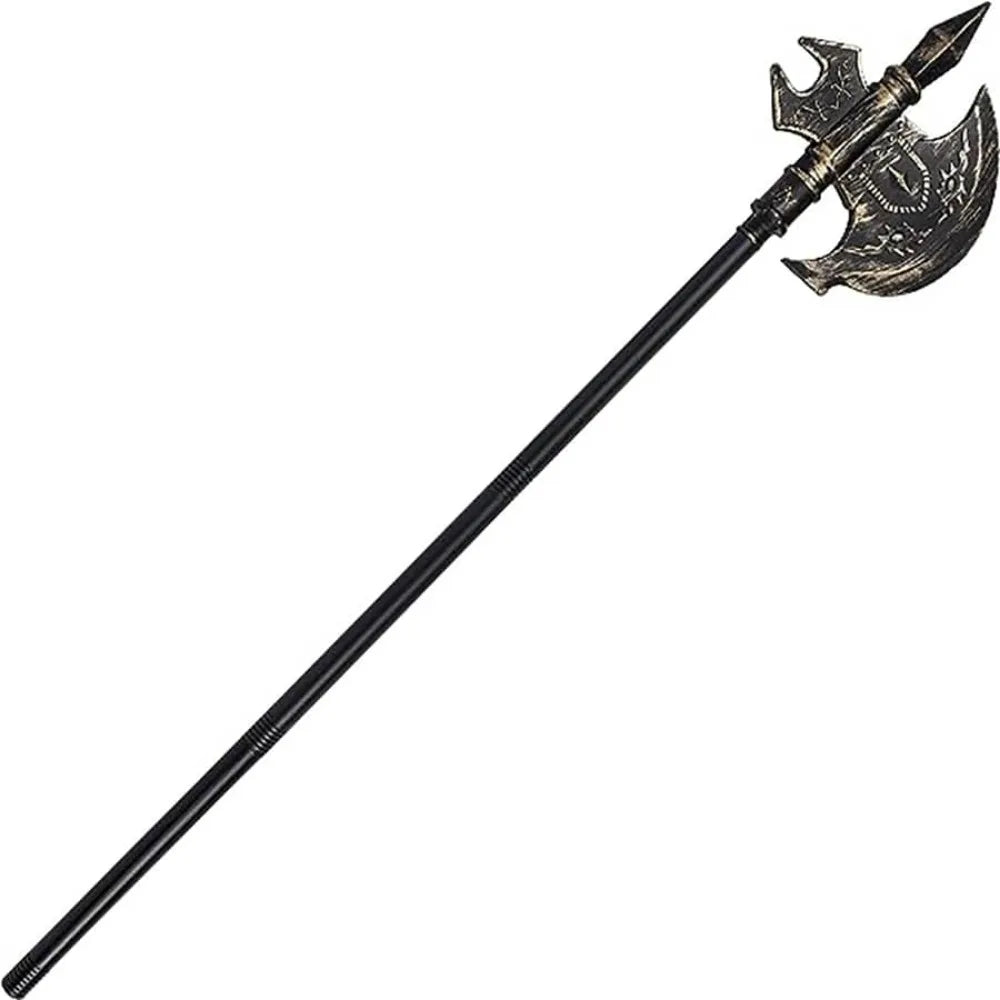 Ornate black battle axe with intricate designs on the blades, featuring a long handle and a pointed top.