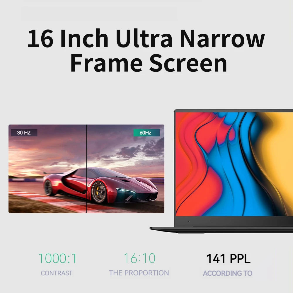 16-inch ultra-narrow frame screen with 1000:1 contrast and 16:10 ratio. Side-by-side comparison shows 30Hz vs 60Hz, featuring vibrant graphics and a sports car.