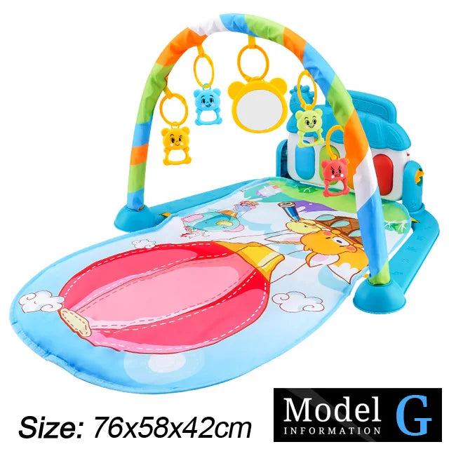 Colorful baby play mat with a rainbow arch featuring hanging toys and a mirror. Cartoon animals and a hot air balloon are illustrated on the mat. Size: 76x58x42cm.