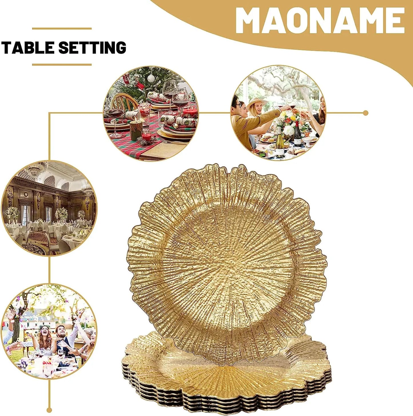 Gold textured charger plates by Maoname displayed against a white background. Circular insets above show various elegant dining settings, highlighting the plates' versatility.