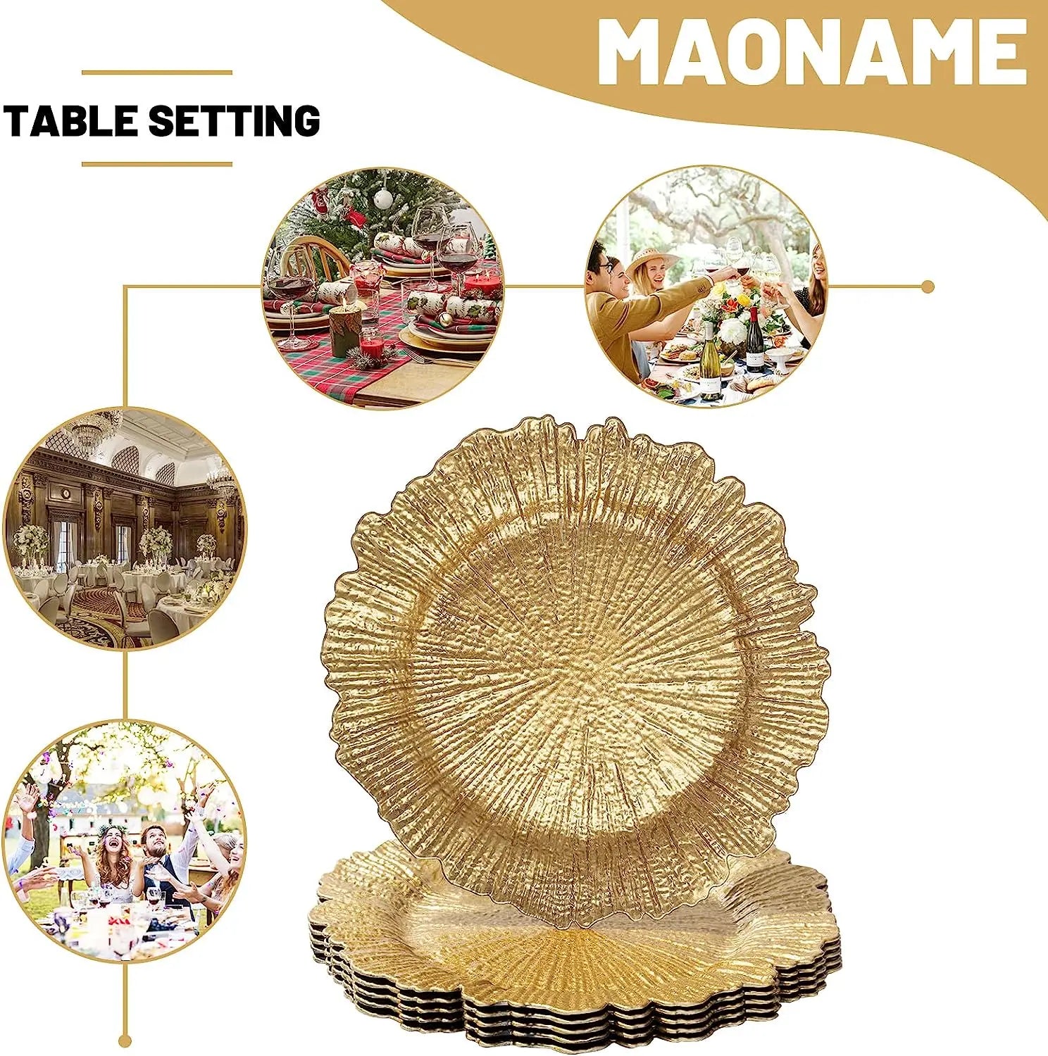 Gold textured charger plates by Maoname displayed against a white background. Circular insets above show various elegant dining settings, highlighting the plates' versatility.