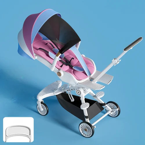 A modern baby stroller with a pink and purple canopy and seat, set against a blue background. The stroller features a storage basket, adjustable handle, and four wheels. Inset shows a handle detail.