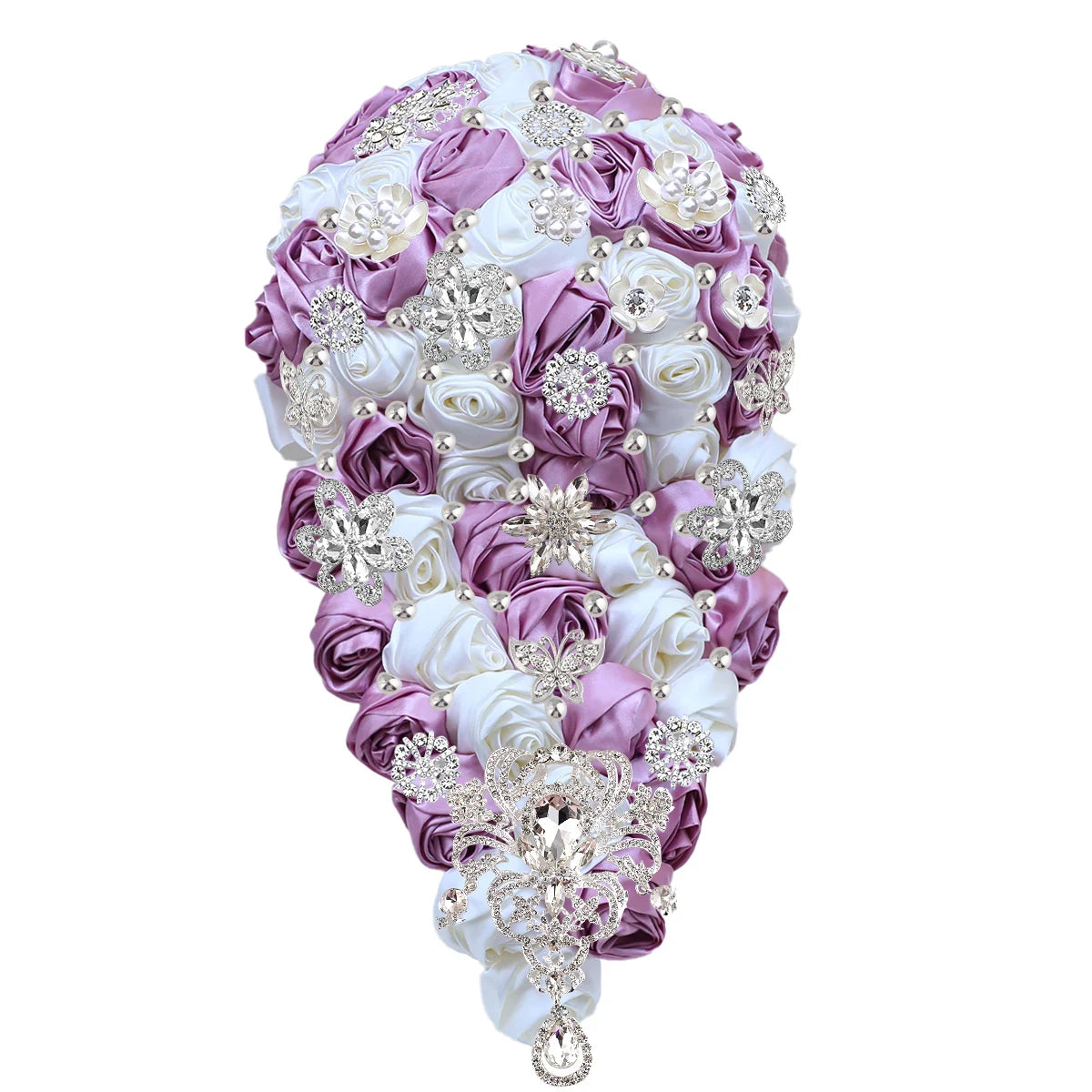 Elegant bridal bouquet with purple and white satin roses, adorned with sparkling silver rhinestone brooches and pearls, arranged in a teardrop shape.