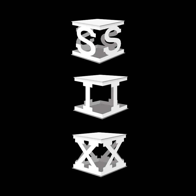 Three stacked 3D shapes on a black background. Top: two 'S' characters facing each other. Middle: two 'I' characters. Bottom: two 'X' characters intersecting diagonally.