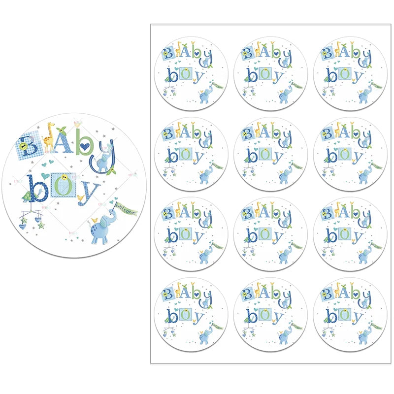 Circle stickers with "Baby Boy" text in playful fonts, featuring giraffes and elephants. There are twelve identical stickers on a sheet, with a larger individual sticker displayed.