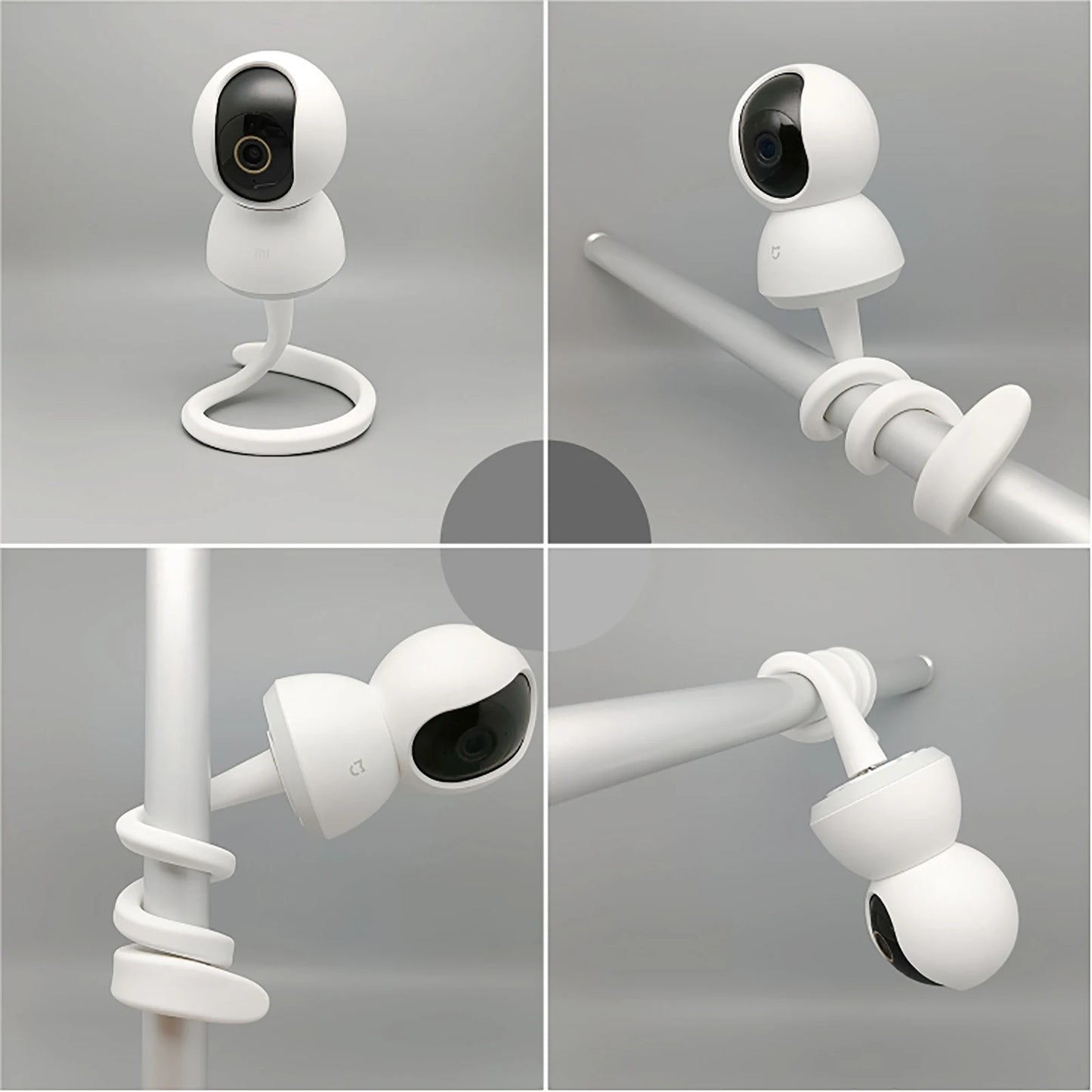 Collage of a white security camera with a flexible, snake-like tail. It stands on a surface and wraps around poles, showcasing versatile mounting options.
