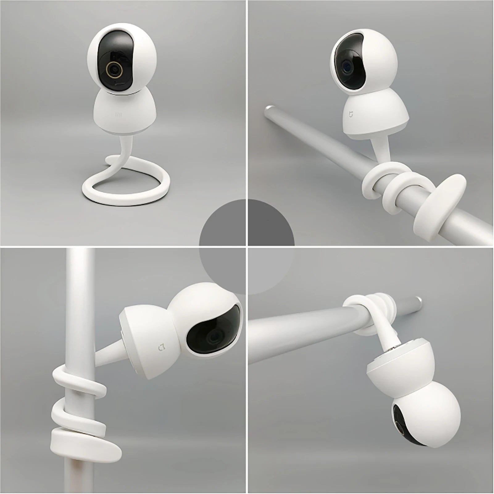 Flexible white security camera shown in four configurations: standing, coiled around a pole, angled, and hanging upside down. The camera features a circular lens and adjustable mount.