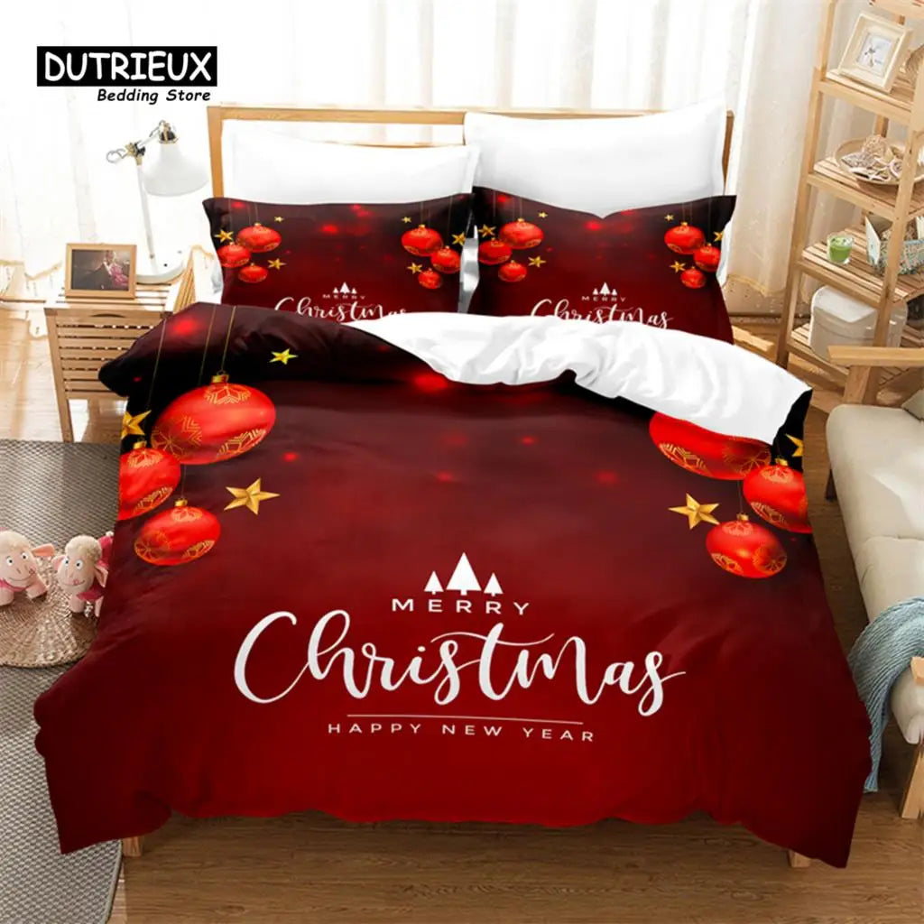 Festive bedding with "Merry Christmas" and "Happy New Year" text in white on a deep red background, adorned with red ornaments and gold stars. Cozy holiday theme.