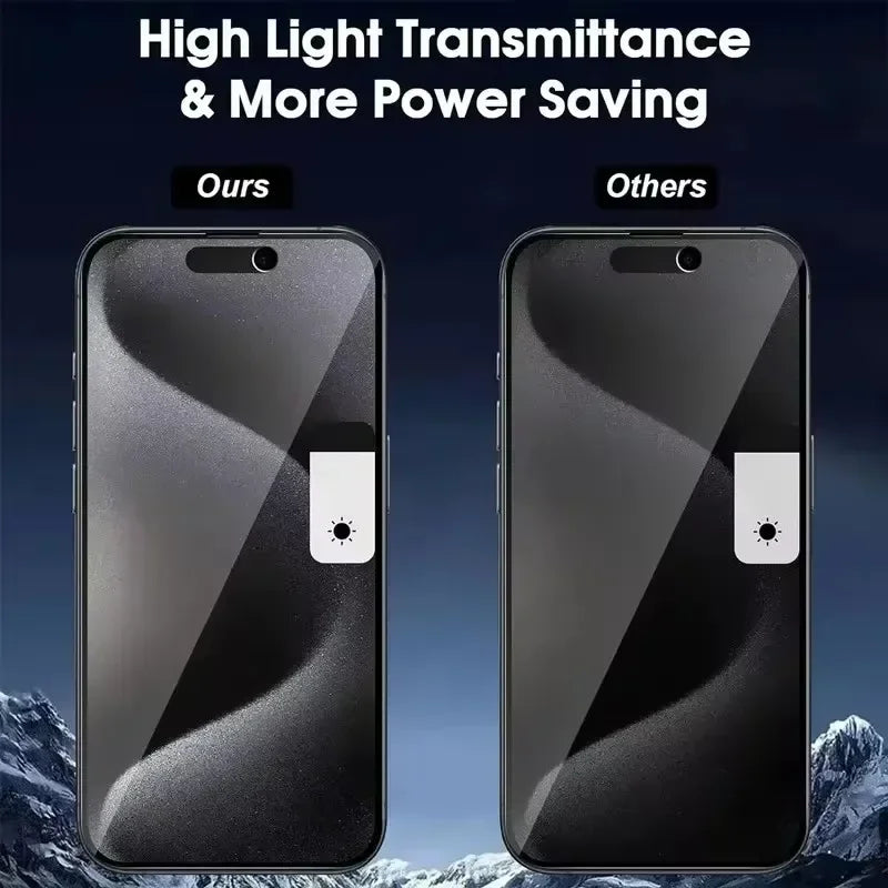 Comparison of two smartphone screens in a dark setting. The left screen is labeled "Ours" with higher light transmittance, while the right, labeled "Others," is darker. Text: "High Light Transmittance & More Power Saving."