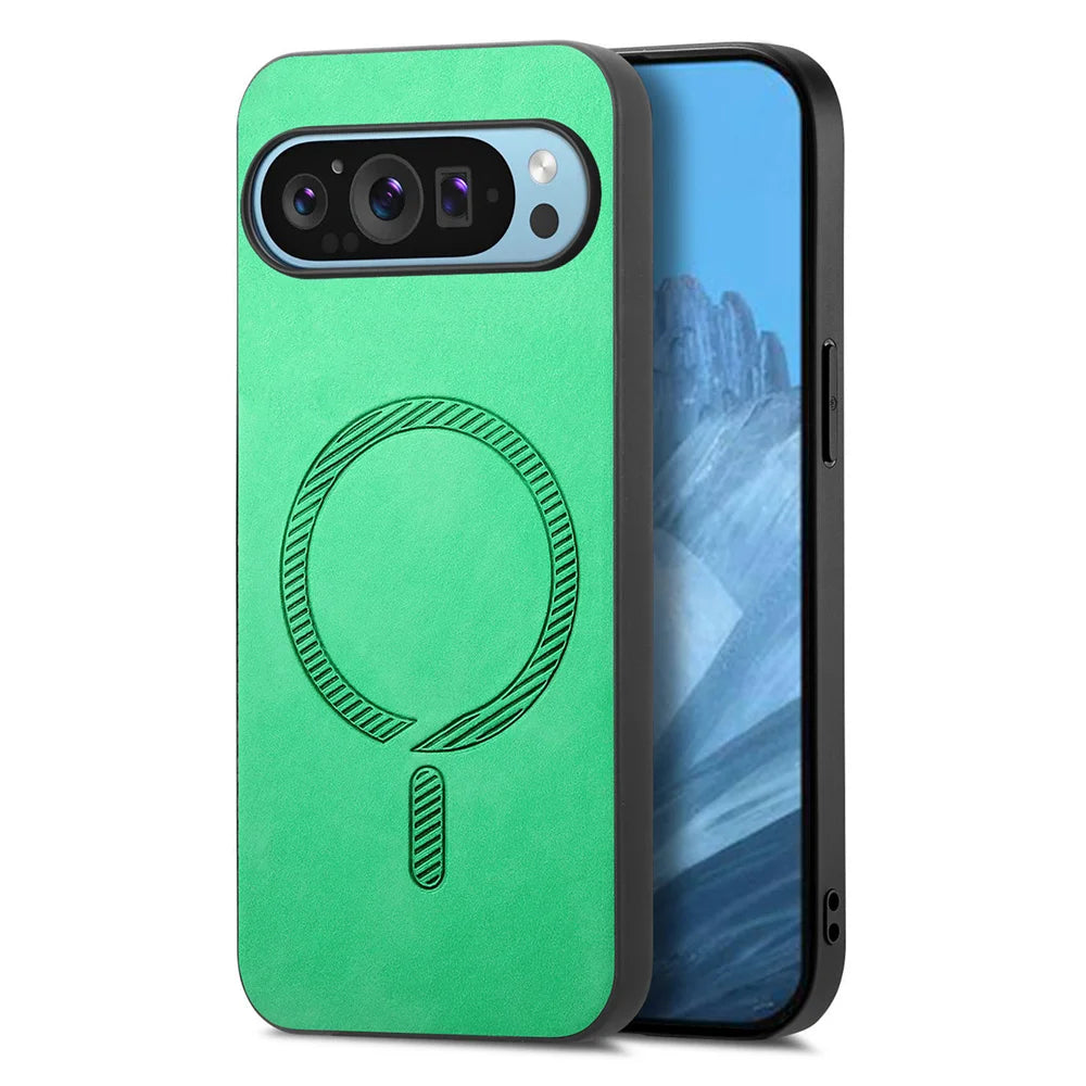 Green phone case with a circular and vertical line design on the back. It features a rectangular camera cutout with multiple lenses, and the phone screen shows a blue mountain scene.