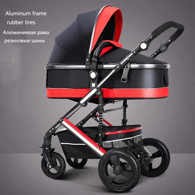 Modern stroller with a black and red design, featuring an aluminum frame and rubber tires. Text in English and Russian highlights the materials.