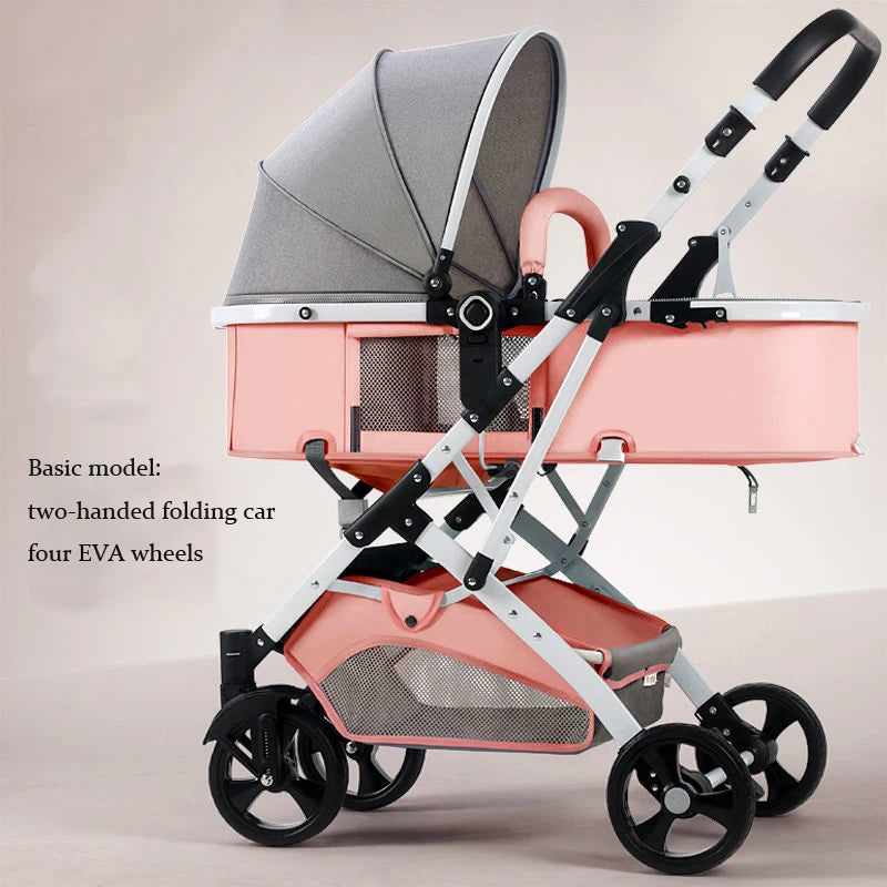 Pink and gray baby stroller with a two-handed folding mechanism and four EVA wheels. Features a mesh ventilation panel and adjustable canopy for comfort and convenience.